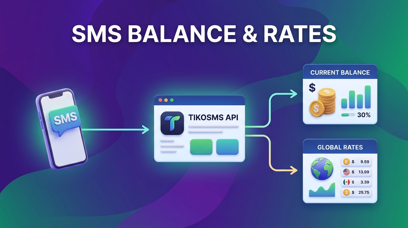 TikoSMS balance and SMS rates illustration showing account balance, destination pricing, and cost planning before sending