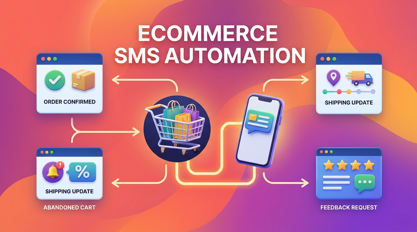 Ecommerce SMS alerts illustration showing automated transactional messages for orders, payments, shipping, and customer updates