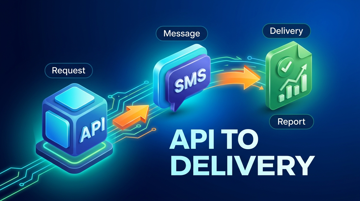 SMS workflow illustration showing API request processing through delivery report and business record update