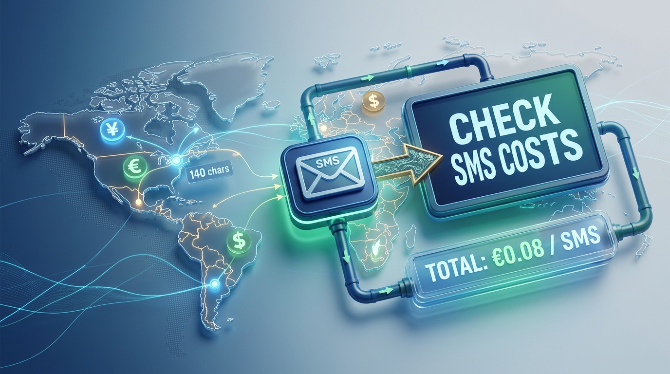 SMS price check illustration showing rate lookup, balance review, cost estimate, and approval before sending