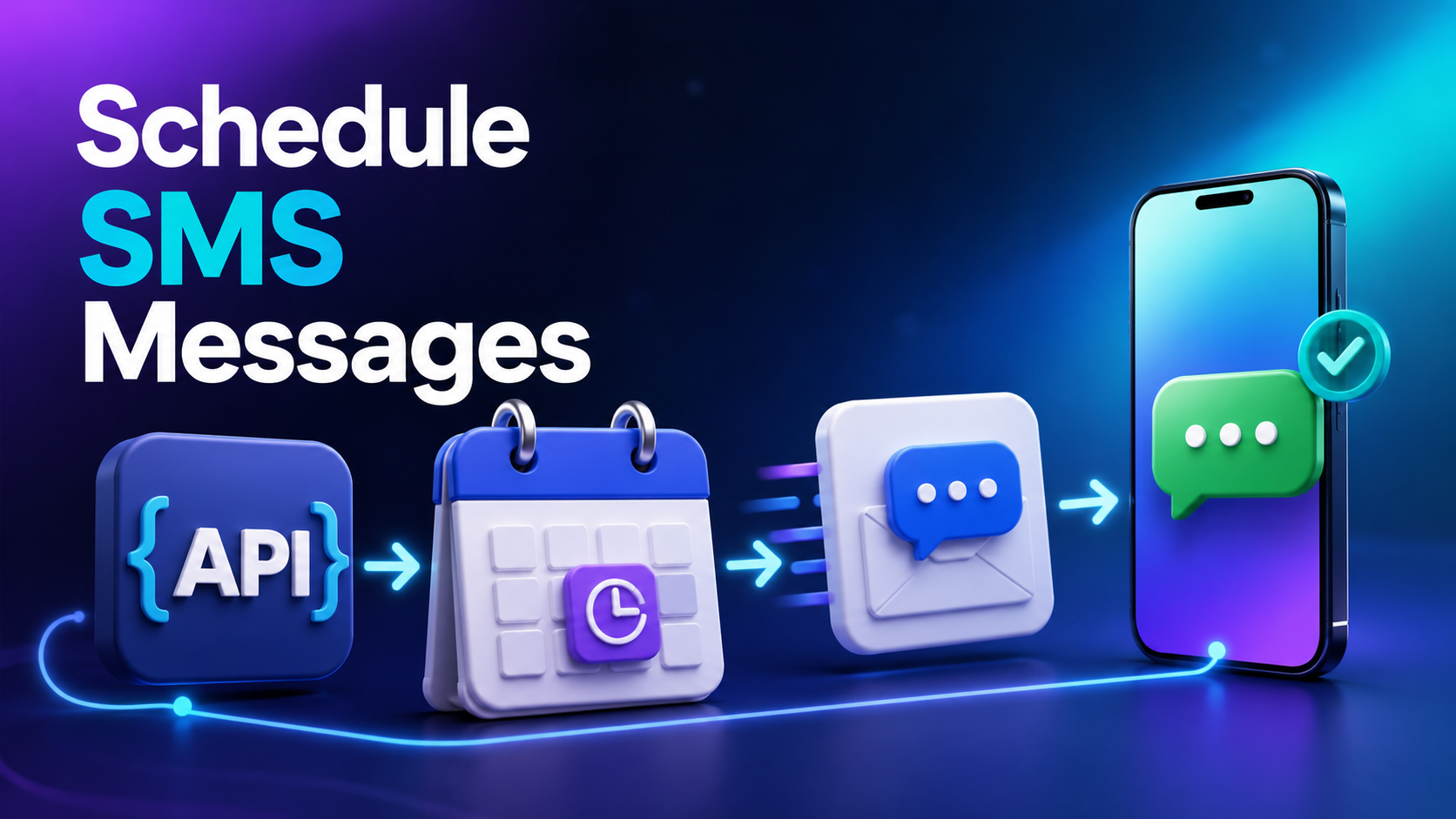 Scheduled SMS API workflow illustration showing an API request, calendar timing, message delivery, and confirmation