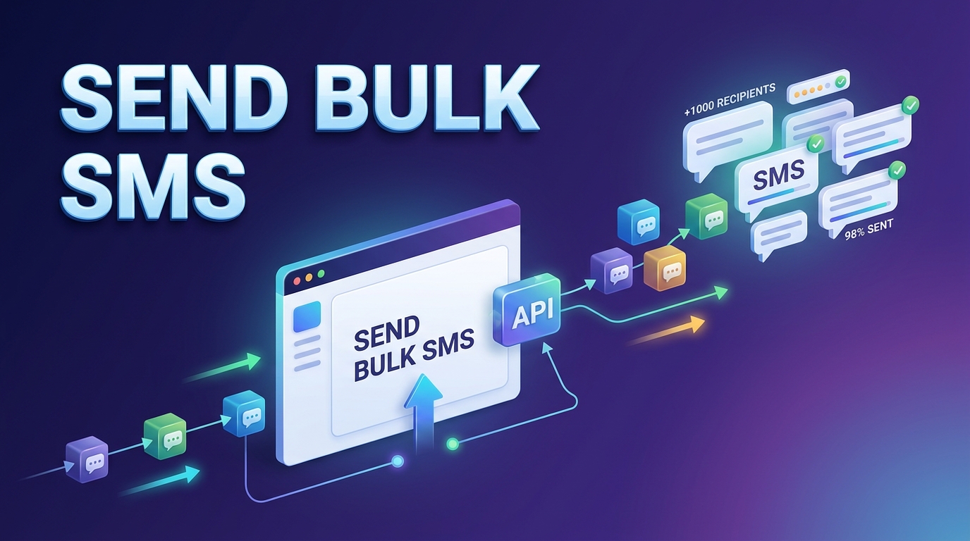 Bulk SMS API workflow illustration showing one API request sending messages to multiple recipients