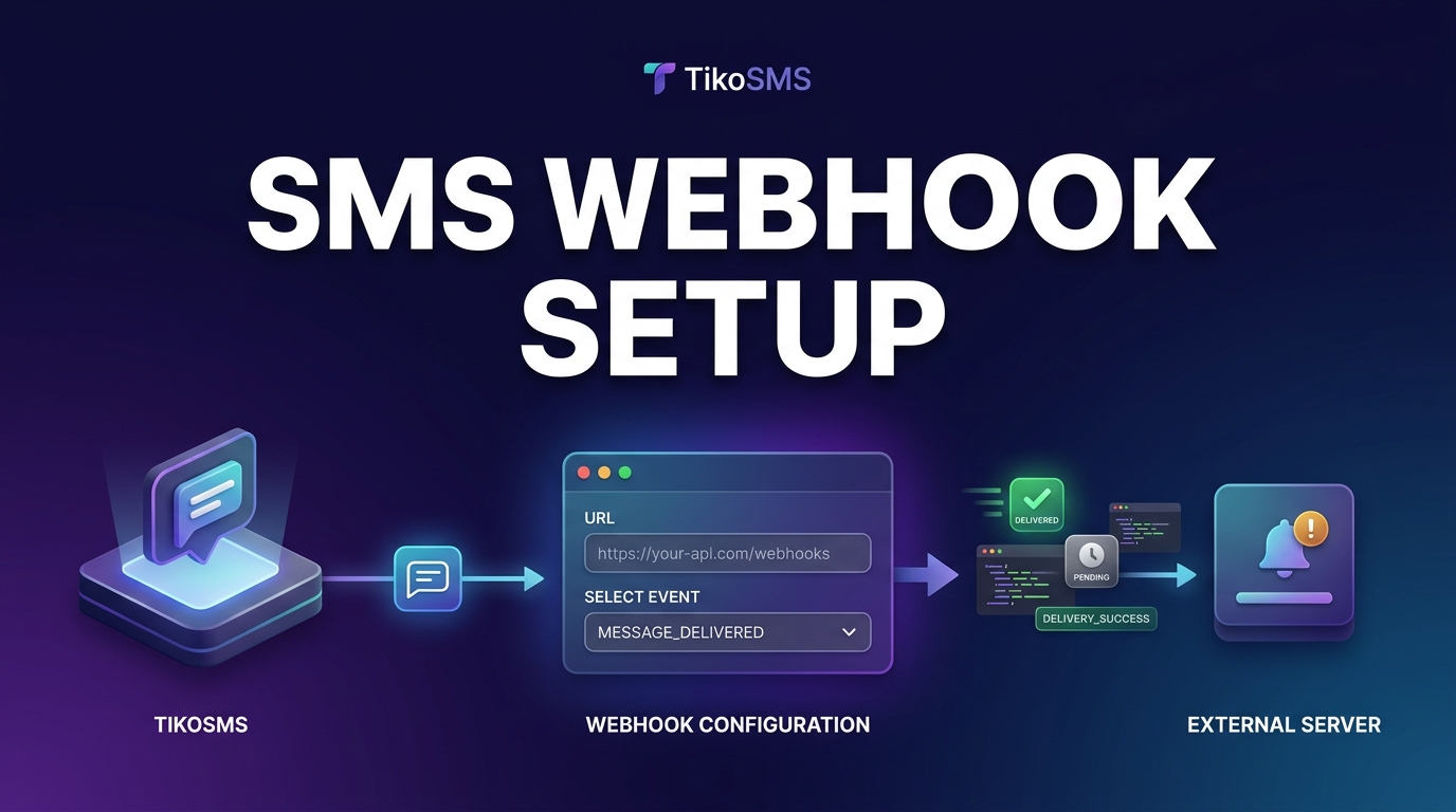 SMS delivery status webhook setup illustration showing API callbacks, status updates, and message tracking