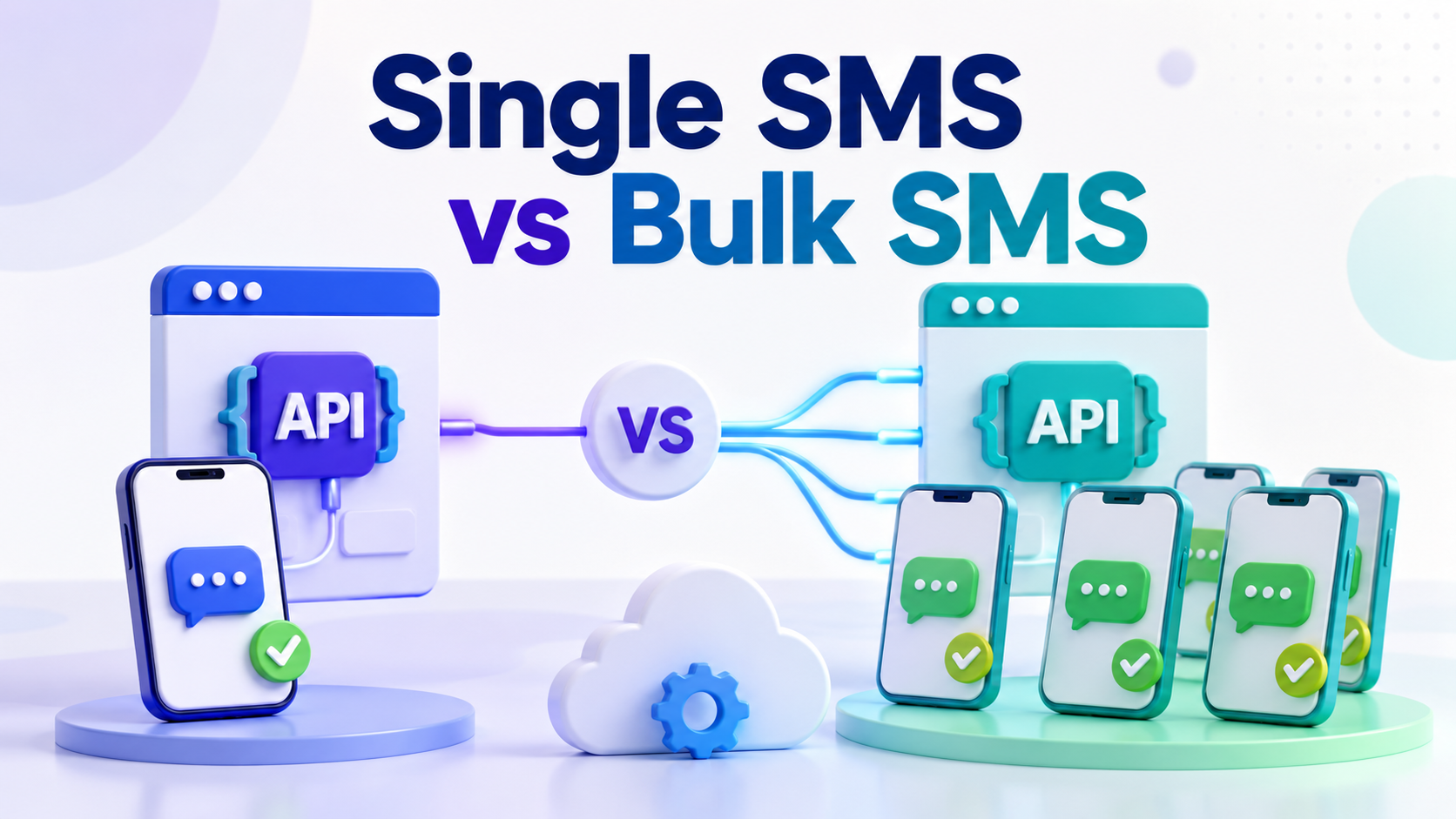 Single SMS versus bulk SMS API comparison illustration showing one-message and multi-recipient request flows