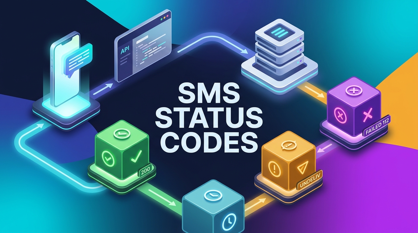 SMS delivery status codes illustration showing delivered, in progress, pending, failed, and unknown message states