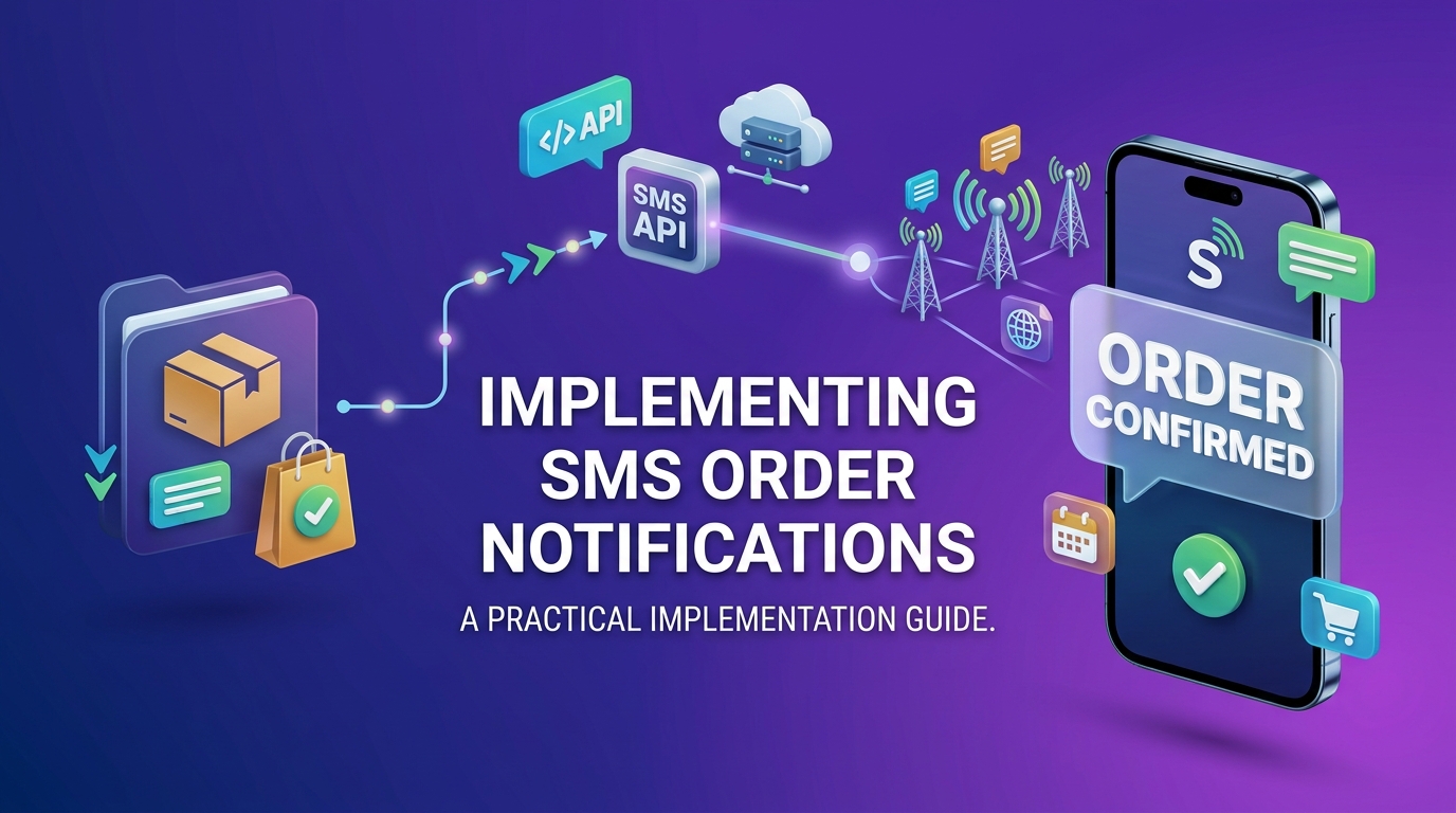 Order SMS notification workflow illustration showing order statuses, API automation, and a customer message