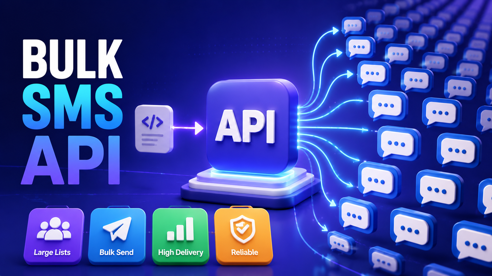 TikoSMS bulk SMS API illustration showing one API request sending messages to a large recipient list