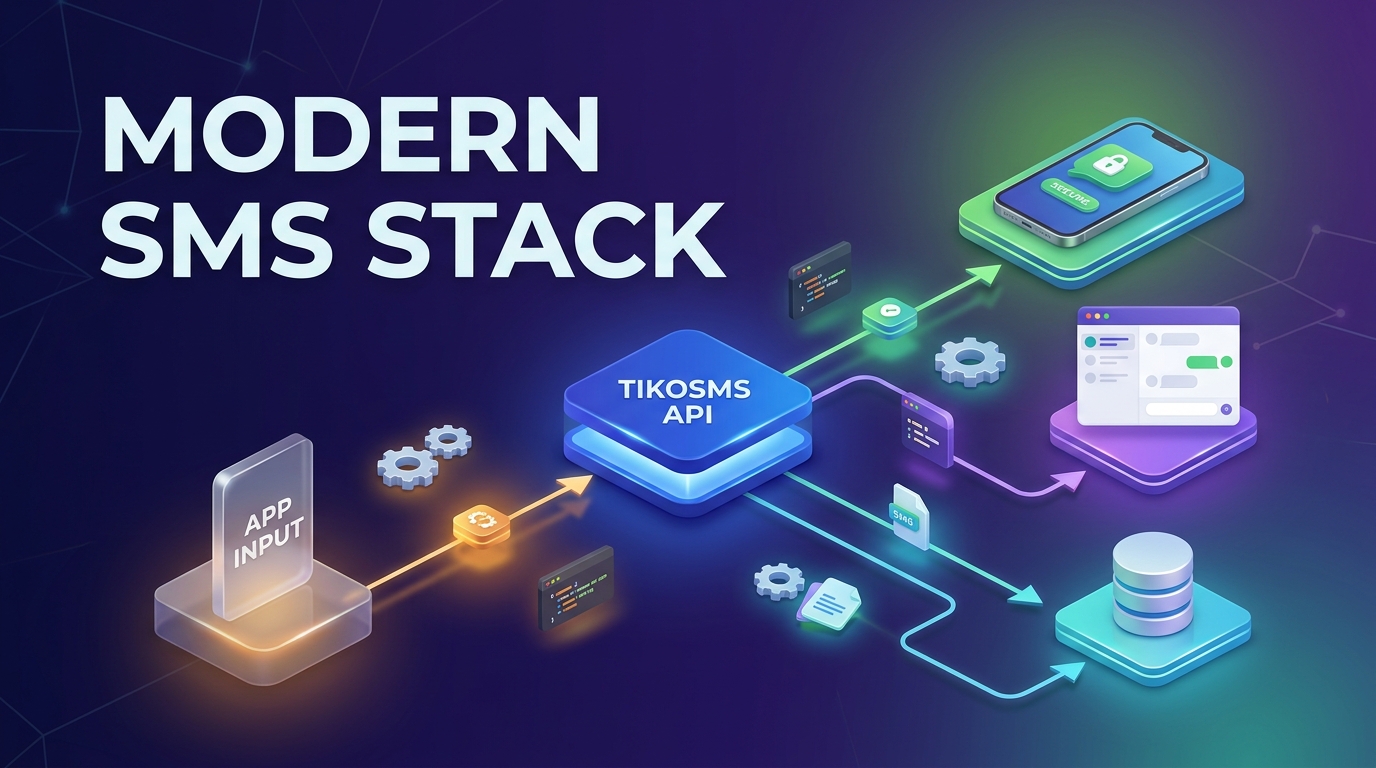 Modern SMS integration stack illustration showing TikoSMS connected with API, queues, callbacks, analytics, and support workflows