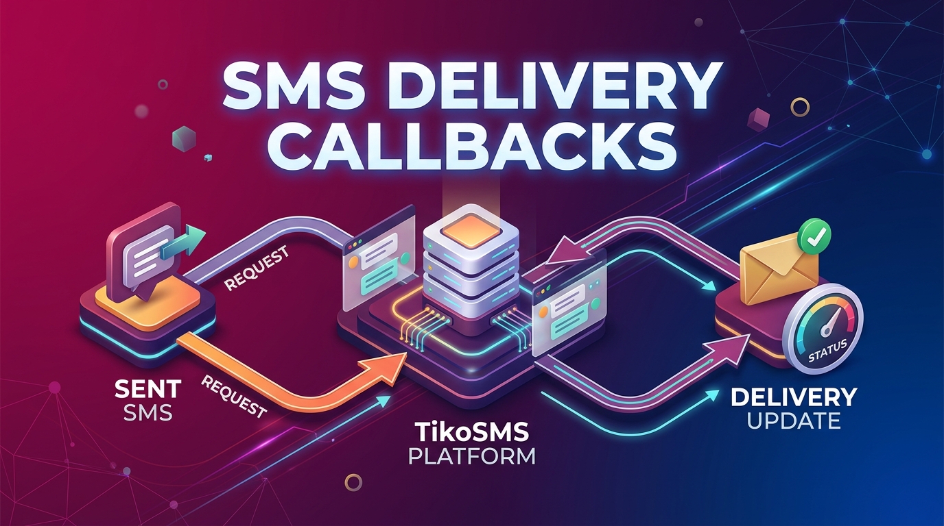 TikoSMS callback workflow illustration showing SMS delivery tracking, status updates, and message reporting