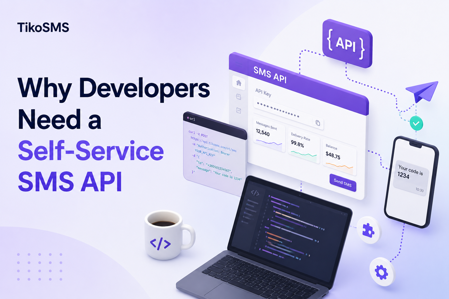 Self-service SMS API illustration showing developer integration, API access, fast setup, and messaging workflows